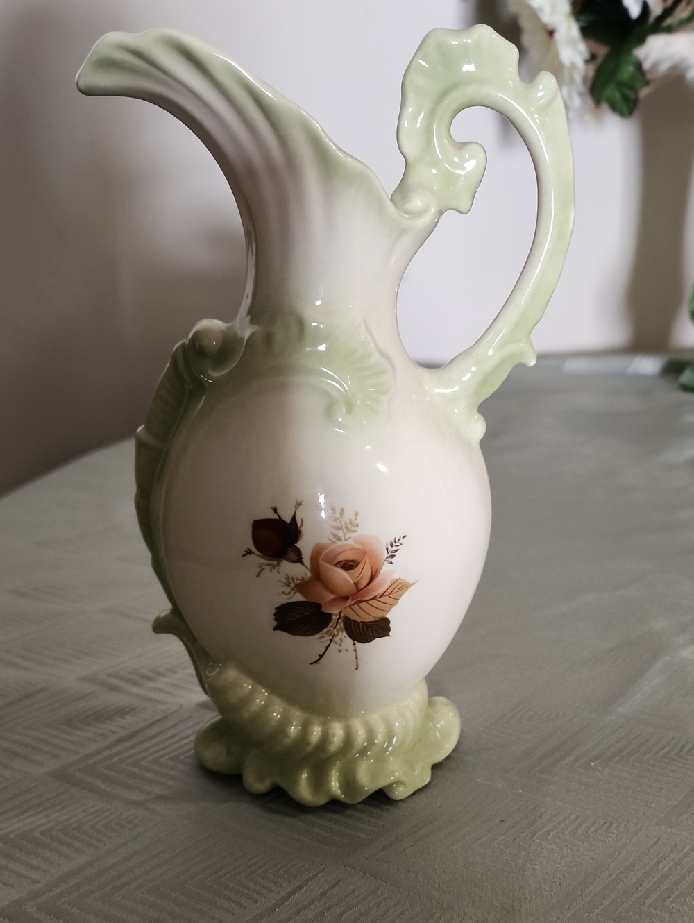 Green and Cream Ceramic Pitcher with Peach Rose Motif